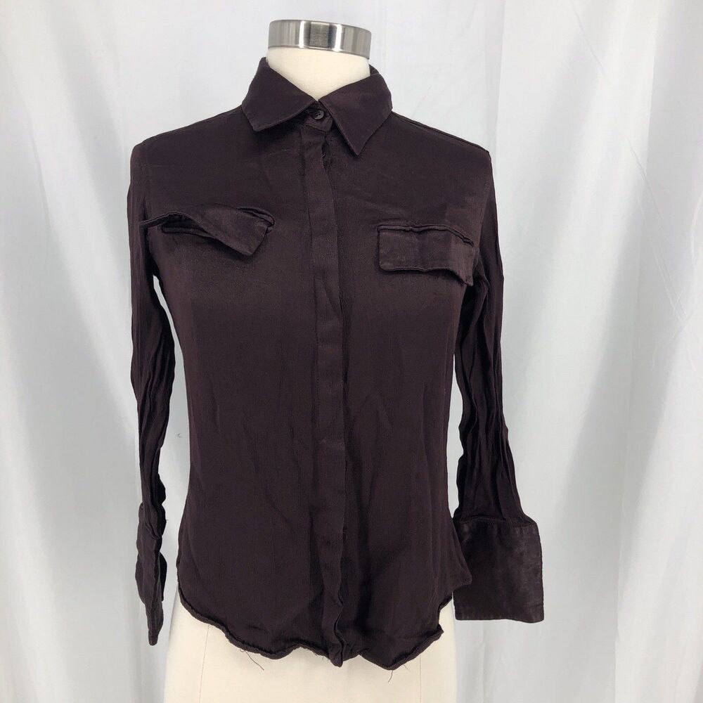 ZARA Womens M Burgundy Solid Satin Collared Long Sleeve Button-Up Blouse